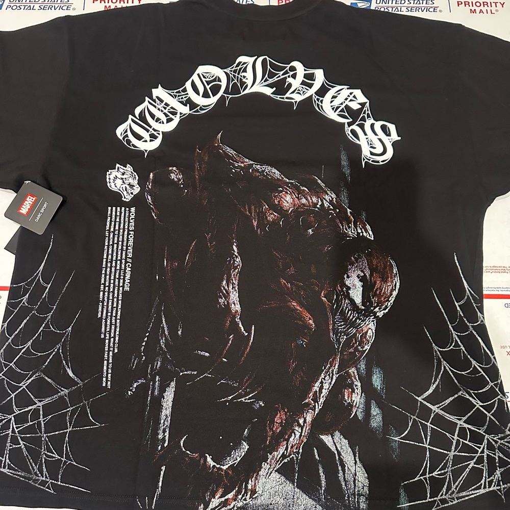 Darc sport carnage Marvel Black Short Sleeve Tee with White Wolf & Web Accents